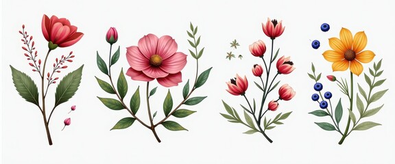 Vibrant Floral Illustrations on a Pure White Background  Perfect Easter Wall Art. A set of four realistic flowers with leaves and buds.