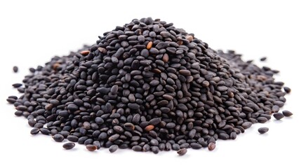Black Sesame Seeds Pile on White Background