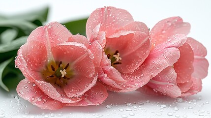 Fototapeta premium Pink tulips, dew drops, white background, spring freshness, greeting card