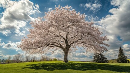 Obraz premium majestic cherry blossom tree in full bloom, petals drifting gracefully in the wind.