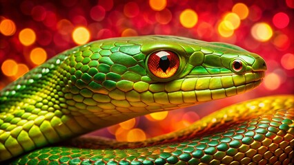 Fototapeta premium Minimalist Green Snake with Yellow Eyes on Red Gold Background - Stock Photo