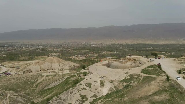 Drone footage from The Takht-e Rostam is a significant Buddhist stupa and monastery complex located about 2 kilometers south of Haibak in Samangan Province, Afghanistan. March 21, ?2021