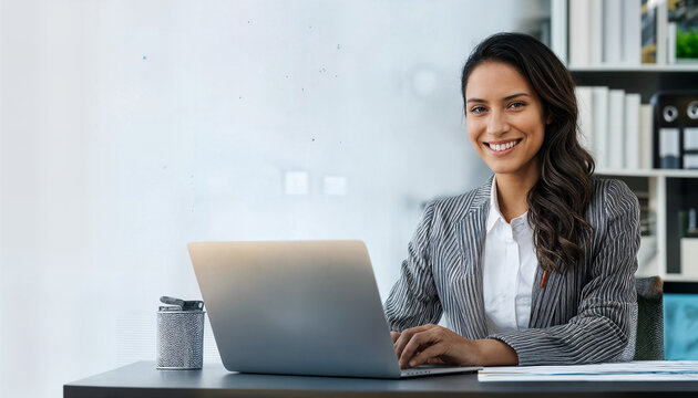 Smiling portrait professional it specialist latin hispanic business lady working on laptop pc sitting in modern office. Young middle eastern indian woman using computer technology for work. Copy space