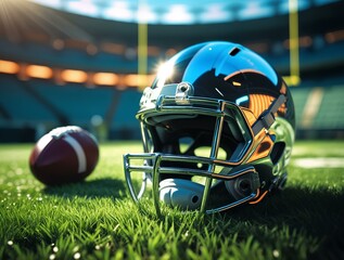 Close up view of a football helmet and ball sitting on the field in the stadium.