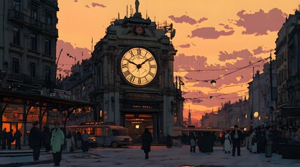 The clock tower of the old station in the sunset glow