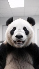 Obraz premium Close-up of a playful giant panda smiling in a bright indoor setting.