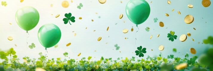 Festive st. patrick's day scene with green balloons and floating gold coins