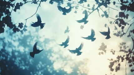 Birds leisurely glide across a softly lit sky, framed by leaves, capturing a serene and tranquil moment in nature&rsquo;s embrace.