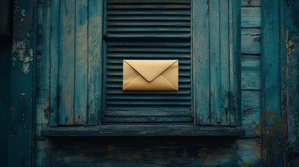 A golden envelope rests against rustic teal shutters, contrasting textures in a scene of mystery...