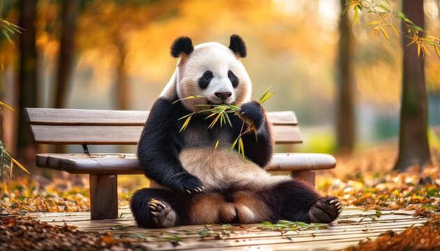 panda eating bamboo and sitting the beanch