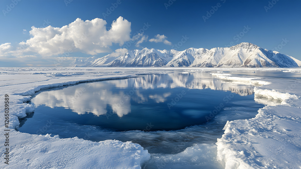 Poster snowy landscape with a reflective pool and majestic mountains in the background