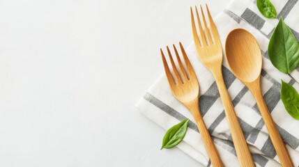 Wooden utensils arranged on a kitchen towel with green leaves, creating a fresh cooking atmosphere