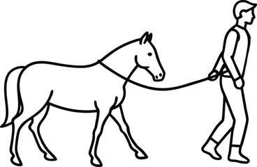A man pull a horse line art illustration.