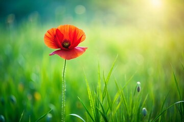 Naklejka premium Minimalist Poppy Field: Single Red Poppy in Green Grass