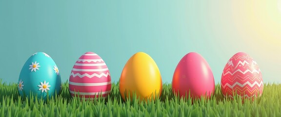 Fototapeta premium Colorful Decorated Easter Eggs in Green Grass with Blue Sky Background