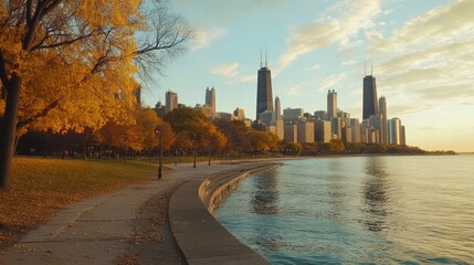 Fototapeta premium Autumnal Chicago Skyline: A Lakeside Panorama at Sunrise or Sunset
