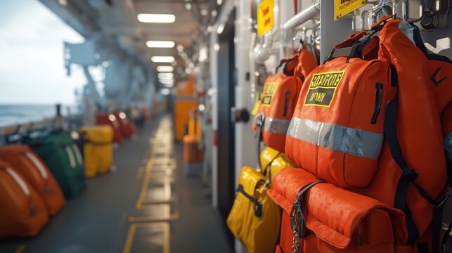 Safety equipment and life jackets arranged neatly in an industrial offshore rig, showcasing essential safety measures in marine environments for workers and crews