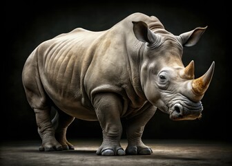 Obraz premium Powerful white rhino image; black background emphasizes its majestic form for impactful stock photography.