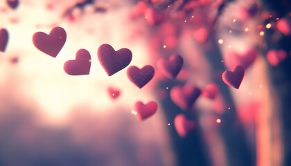 Obraz premium Enchanting image of red hearts floating amidst a soft, blurred background, perfect for Valentine's Day or romantic themes.