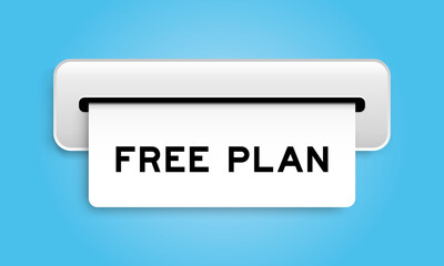 White coupon banner with word free plan from machine on blue color background