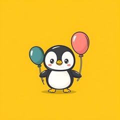 Obraz premium Cute Penguin Holding Balloons in Simple Flat Style Illustration with Solid Background