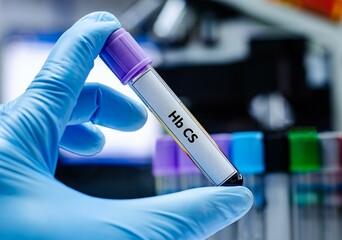 Blood sample tube for hemoglobin CS test analysis.