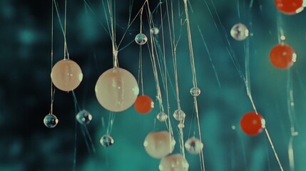 Obraz premium Suspended spheres and strings blend mysteriously, creating a floating dance of colors and reflections that captivates with its depth and perspective.