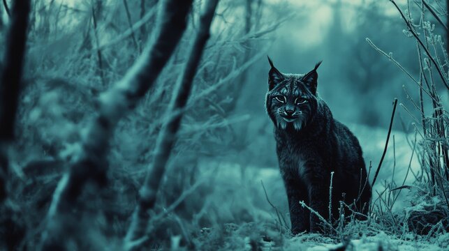 A lynx, outlined against a snowy, winter landscape, stands with a watchful eye, blending into its frigid environment, communicating silent endurance.