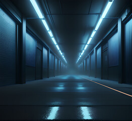 Empty background scene. Dark street, reflection of blue and pink neon light on wet asphalt. Neon shapes. Rays of light in the dark, smoke. Abstract dark background.generative ai