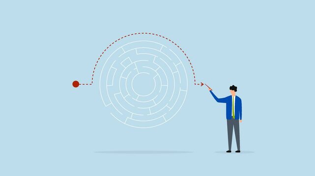 solution to bypass problem, 4k animation of entrepreneur mastermind create alternative path to navigate maze 
