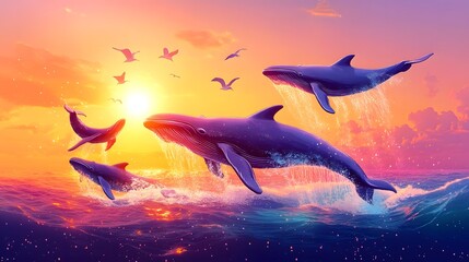 Obraz premium Under the rising sun, whales spray water to form a rainbow on the sea surface