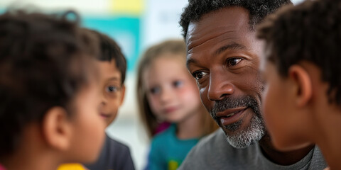 Man Interacting with Children in Classroom Setting
