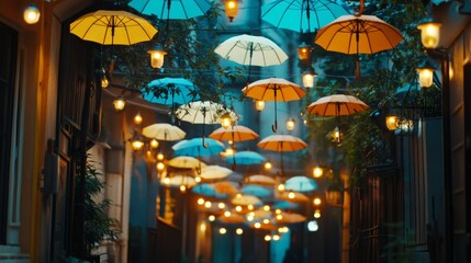 A street is adorned with floating umbrellas, suspended under a canopy of soft blue glow, creating a whimsical and inviting evening ambiance.