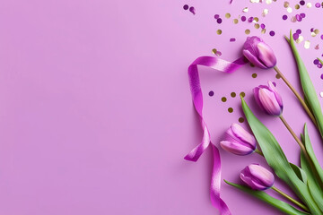 women's day purple tulips on purple background with copy space