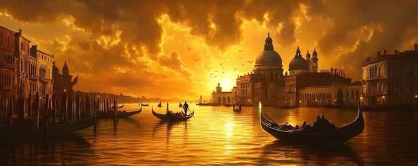 Fototapete Rund A picturesque view of Venice, Italy, with gondolas gently floating through the canals, and historic buildings lining the water under a golden sunset © seksun