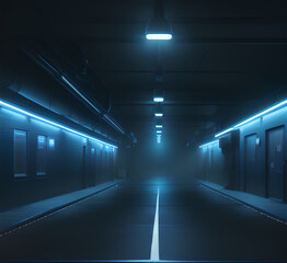 Obraz premium Empty background scene. Dark street, reflection of blue and pink neon light on wet asphalt. Neon shapes. Rays of light in the dark, smoke. Abstract dark background.generative ai