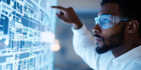 Man Interacting with Digital Blueprint on Transparent Screen