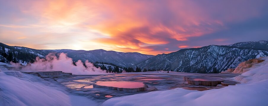 A dramatic sunset over Yellowstone’s Mammoth Hot Springs, with steam rising from the terraces and the sky filled with warm hues of pink, orange, and purple - Powered by Adobe