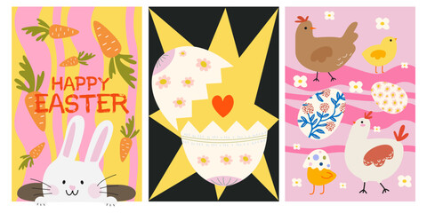 Set of Easter posters in cartoon retro style. Bright cartoon banners for Spring holiday. Easter cake with glaze and sprinkles, white rabbits, chicken, easter eggs. Playful seasonal vector postcards