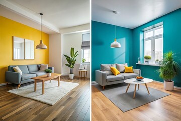 Minimalist Vibrant Room Makeover: Before & After Interior Design Stock Photo