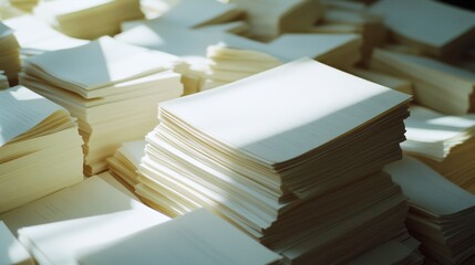 Sunlight cascades over stacks of pristine white paper, casting playful shadows, evoking a sense of order and potential awaiting inscription.