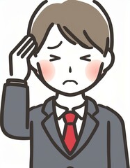 Obraz premium 片頭痛などで頭が痛い男性会社員。頭に手を当てて苦悶の表情をするイラスト。AIで生成