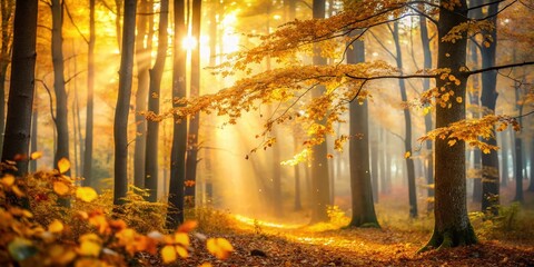 Fototapeta premium Misty Autumn Forest Landscape, Golden Foliage, Bokeh Effect - Stunning Nature Stock Photo
