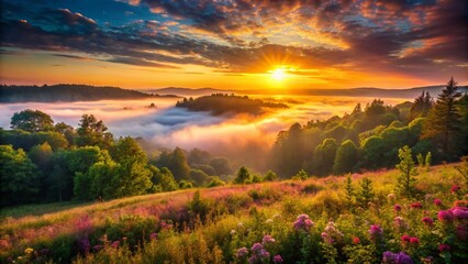 Fototapeta premium Misty Dawn Sunset Over Lush Grassland - Serene Nature Landscape