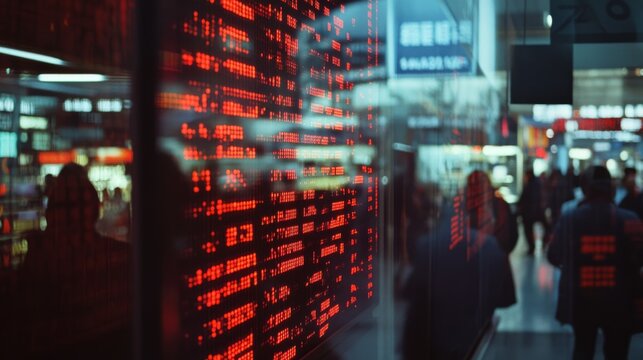 A red digital display reflects on a glass surface, displaying cryptic data streams in a bustling urban environment.