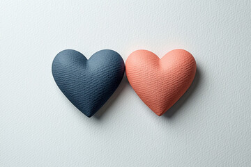 Obraz premium Two textured heart-shaped objects, one navy blue and the other pastel pink, symbolizing love and connection, placed against a neutral background. Valentine's Day