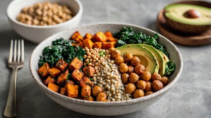 Wholesome Vegan Buddha Bowl: Quinoa, Roasted Sweet Potatoes, Chickpeas, Avocado, and Kale with Tahini Dressing