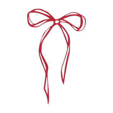Red bow. Isolated vector EPS object. Line art hand-drawn illustration. Thin ribbon accessory. Coquette core. Decorative element for romantic invitation, birthday, card, wedding design. Outline sketch.