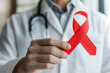 Close-up of healthcare professional holding red ribbon for AIDS awareness generative ai