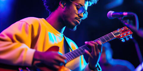 Obraz premium Young Male Musician Performing with Acoustic Guitar Under Stage Lighting